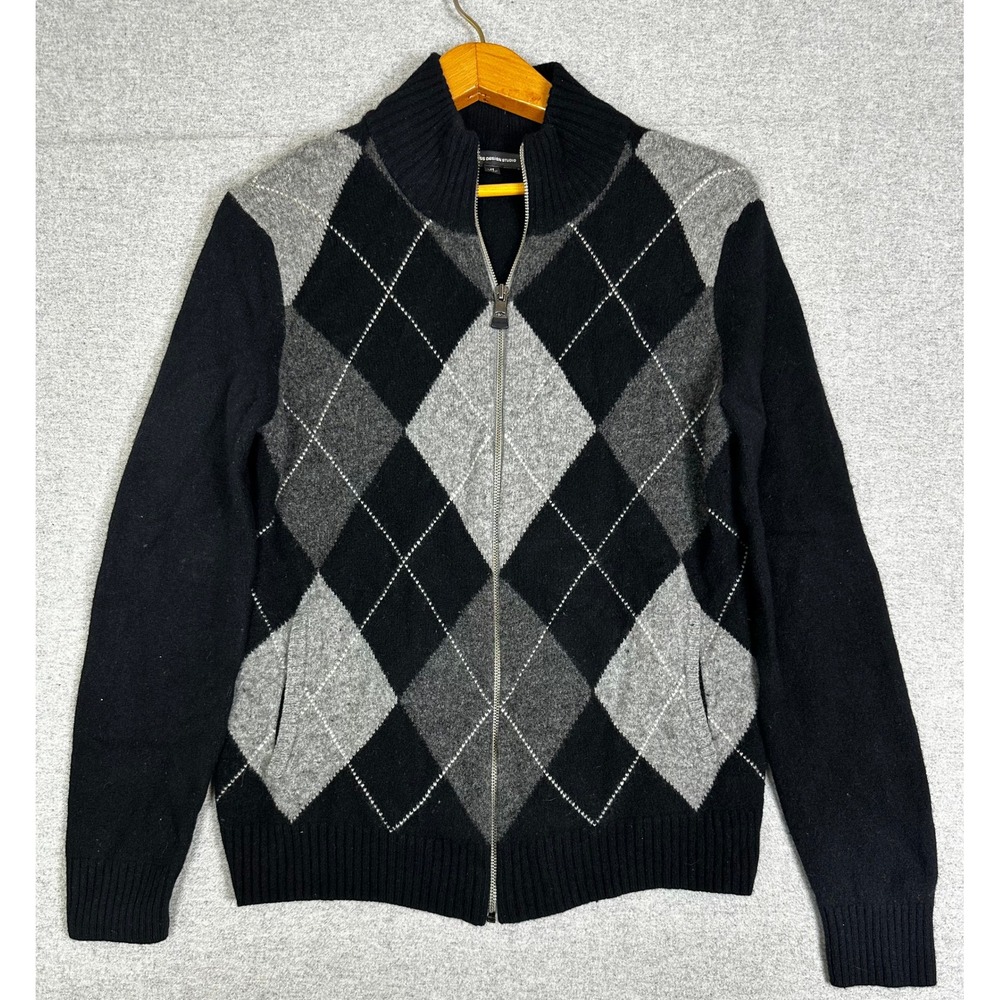 Express Full Zip Sweater Mens M Black Argyle 100% Lambswool Mock Neck